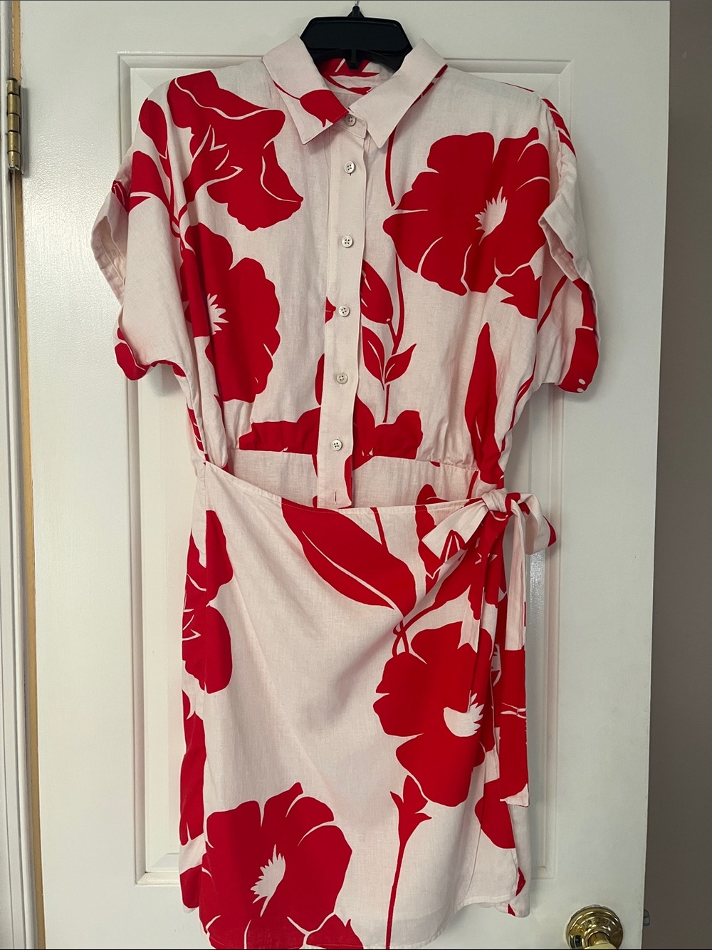 Ann Taylor Red and Cream Floral Tie-Waist Shirt Dress